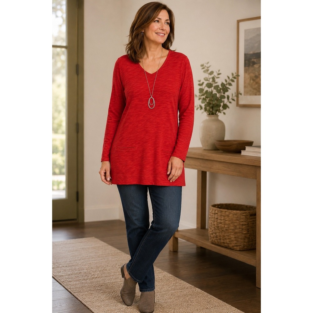 J. Jill Womens Red Slub Knit V-Neck Long Sleeve Tunic with Pockets L Transition - Picture 1 of 7
